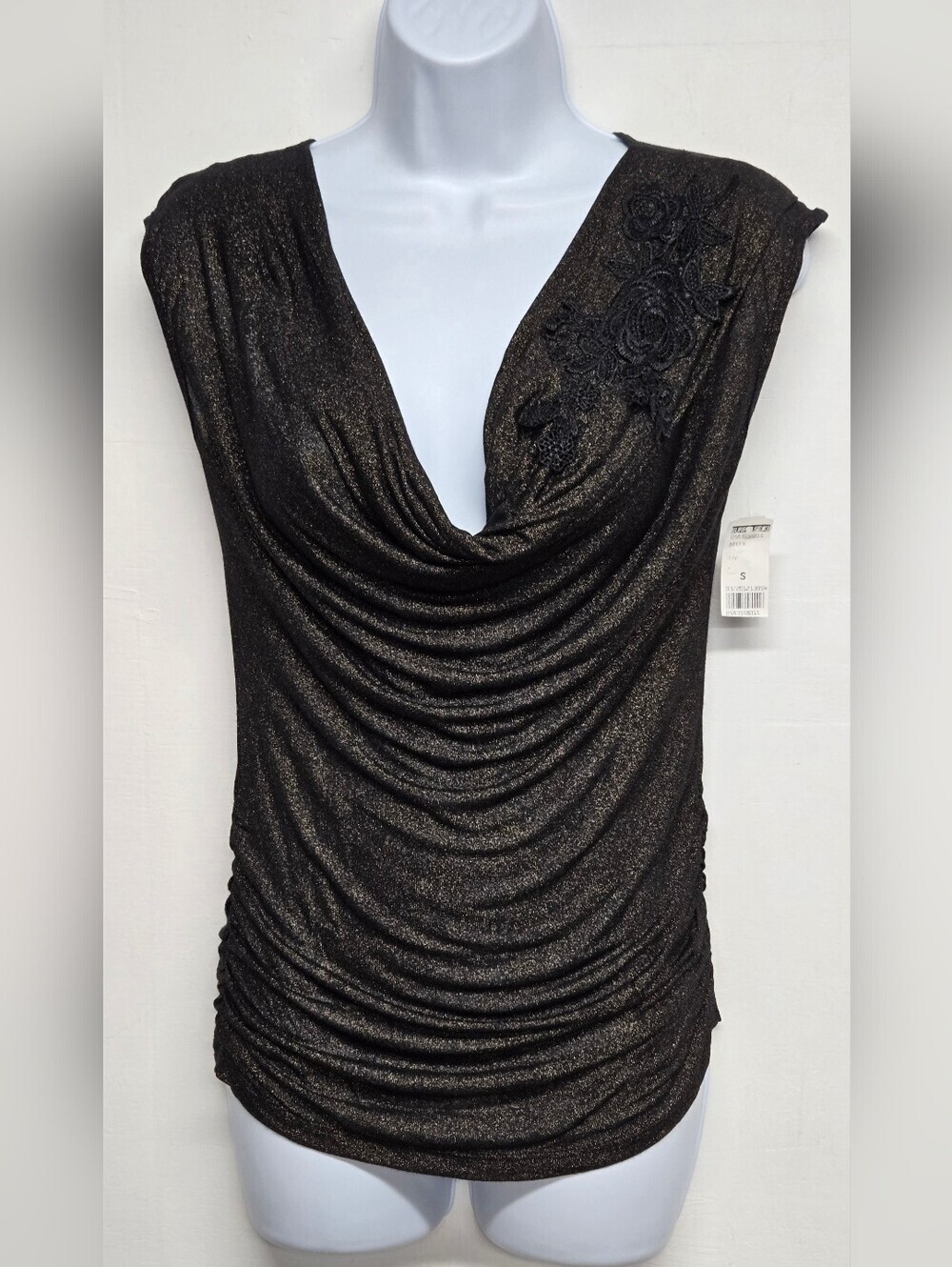 Bella D Vintage Top Cowl Neck Lightweight Gold Metallic Ruched Slinky Stretch S